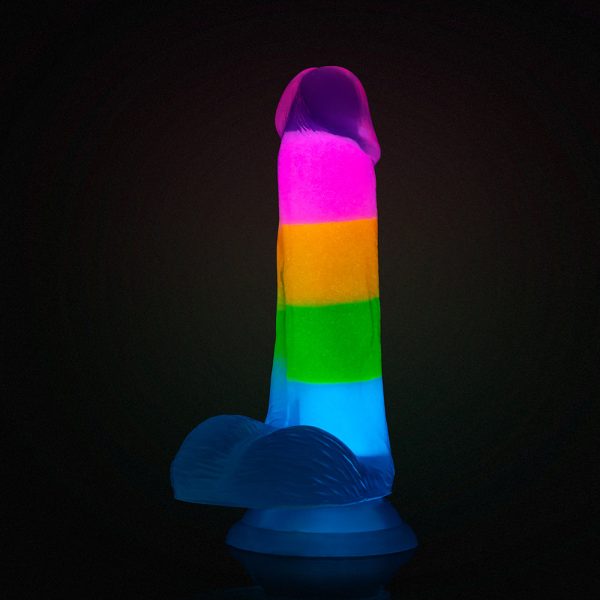 Neo Elite Glow-in-the-Dark Rainbow Rave 6.5 in. Silicone Dual Density Dildo - Image 5
