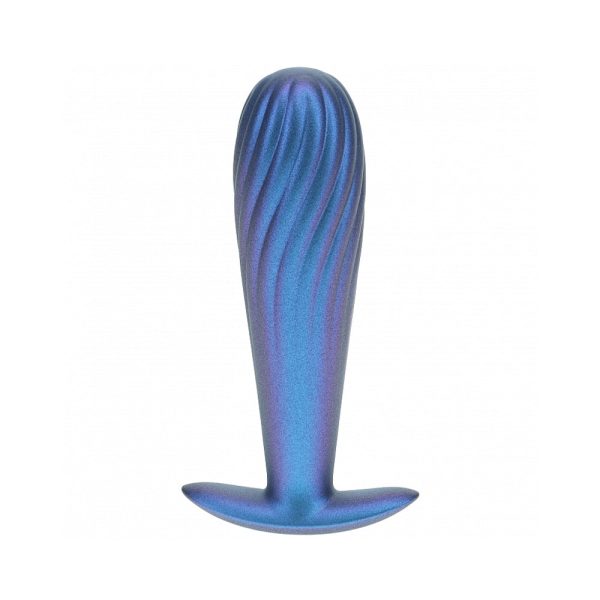 Ouch! Smooth Silicone Ribbed Anal Plug 4.6 in. Metallic Blue - Image 2