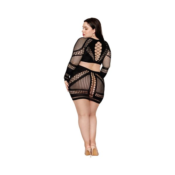 Dreamgirl Seamless Fishnet Chemise with Ring Detail Black Queen Size - Image 2