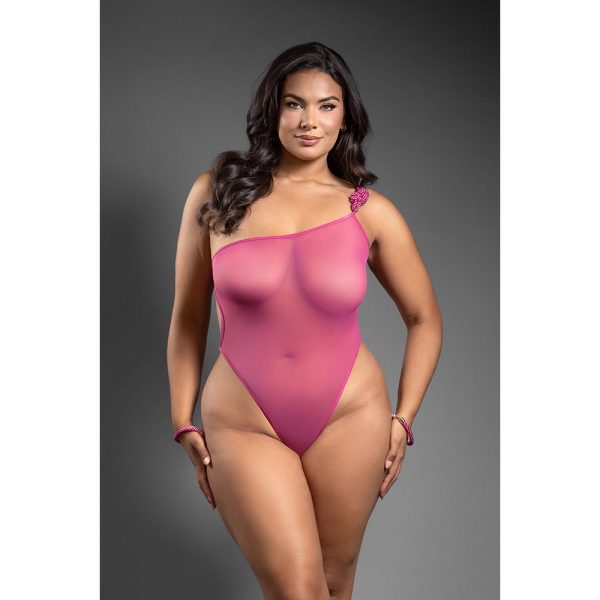 Fantasy Lingerie Domina One-Shoulder Mesh Teddy & Matching Rope Cuffs; Gold Hardware Queen Size - Image 3
