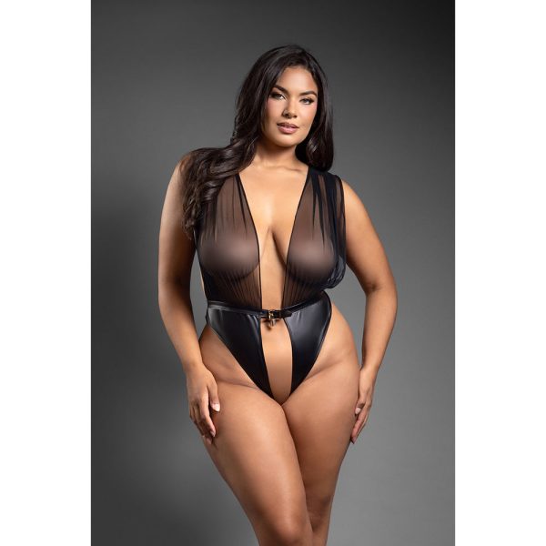 Fantasy Lingerie Domina Mesh Tie-Back Plunge Front Teddy with Buckle Waist and Lock & Key Detail Queen Size - Image 2