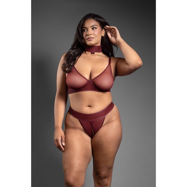 Fantasy Lingerie Domina Embossed Faux Leather Convertible Bra with Chain Leash & Open Panty Queen Size - Image 3