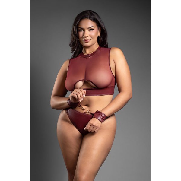 Fantasy Lingerie Domina Embossed Faux Leather Cut-Out Top & Crotchless Panty with Handcuffs Queen Size - Image 2