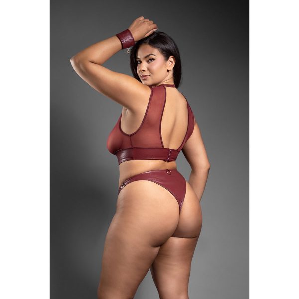 Fantasy Lingerie Domina Embossed Faux Leather Cut-Out Top & Crotchless Panty with Handcuffs Queen Size - Image 3