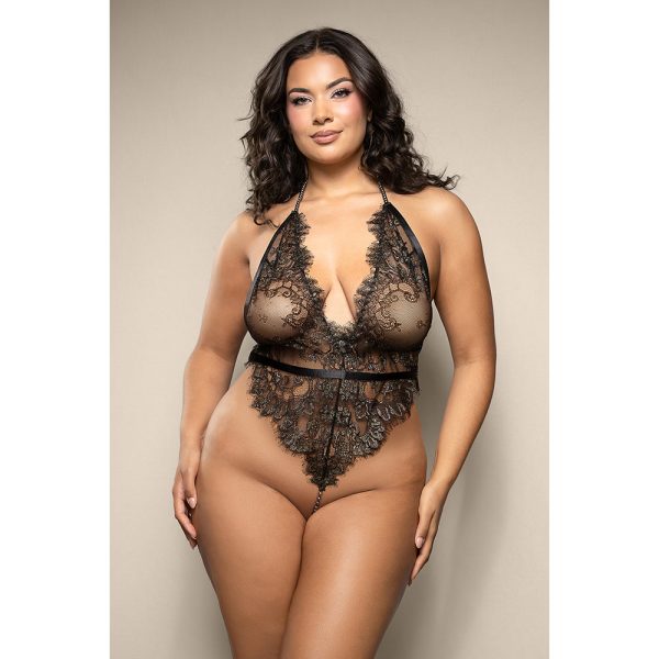 Fantasy Lingerie Opulence Shimmer Lace Pearl Halter Teddy with Open Back & Pearl String Crotch Queen Size - Image 2