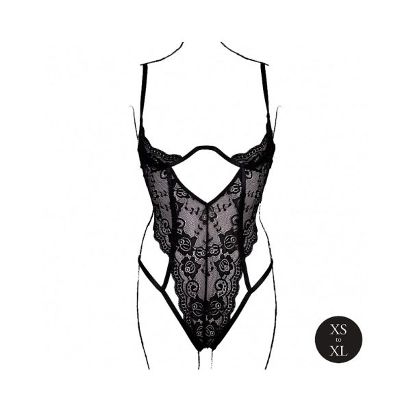 Le Desir Lace Underwired Open Cup Bodysuit with Adjustable Sliders Black O/S - Image 4