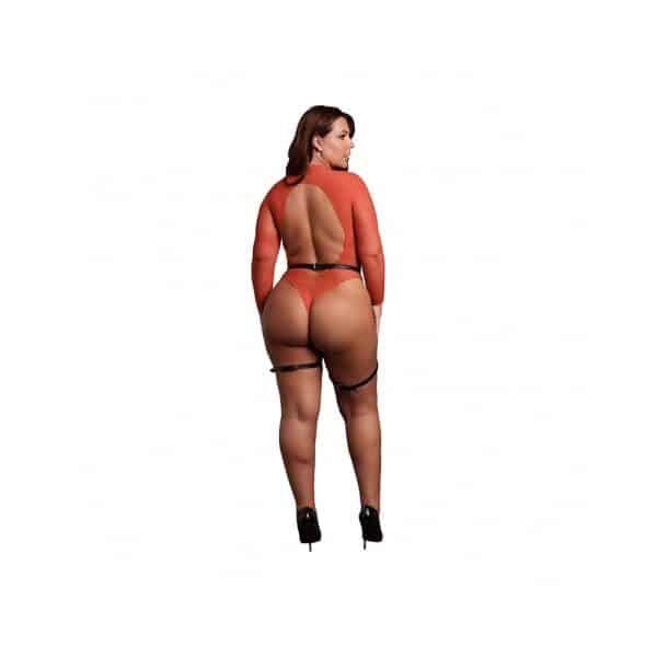Le Desir Shimmering Open-Back Bodysuit with PU Leather Garters Red/Gold Glitter Queen Size - Image 3