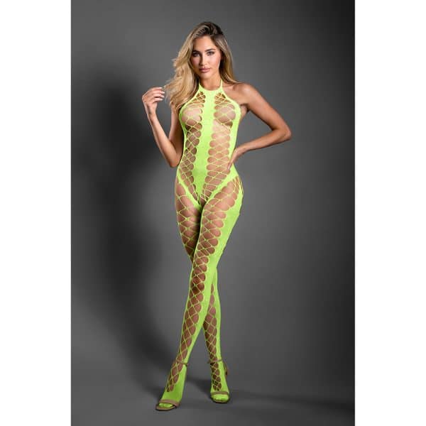 Fantasy Lingerie Sheer Unstoppable Crotchless Rhinestone Knit Halter Bodystocking Neon Green O/S - Image 2