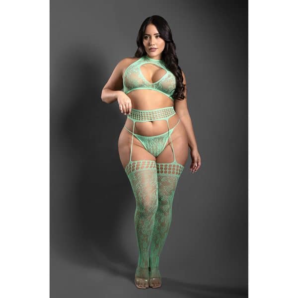 Fantasy Lingerie Sheer Heart Of Glass Lace Knit Halter Tie Top, G-String & Gartered Stockings Seaglass Green Queen Size - Image 2