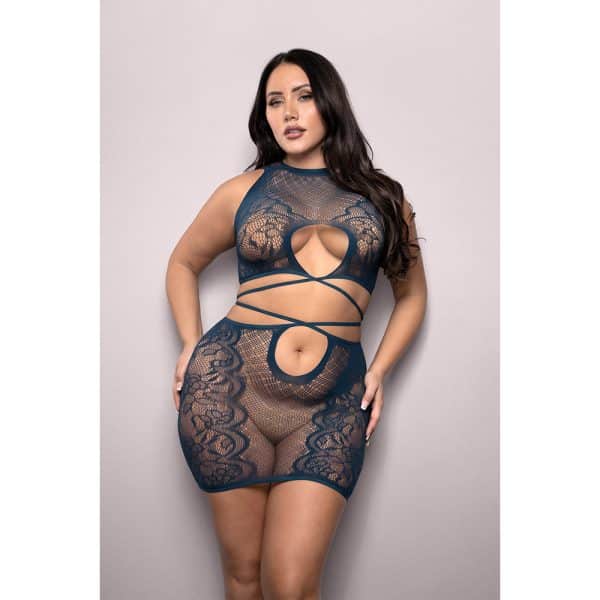 Fantasy Lingerie Vixen At Last Floral Lace Knit Tie-Back Top & Skirt Navy Queen Size - Image 2