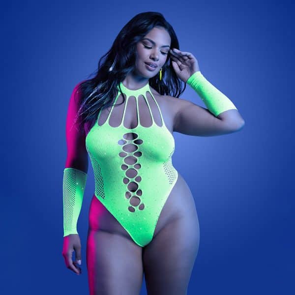 Fantasy Lingerie Glow Pressure Point UV Reactive Rhinestone Teddy & Gloves Queen Size - Image 2
