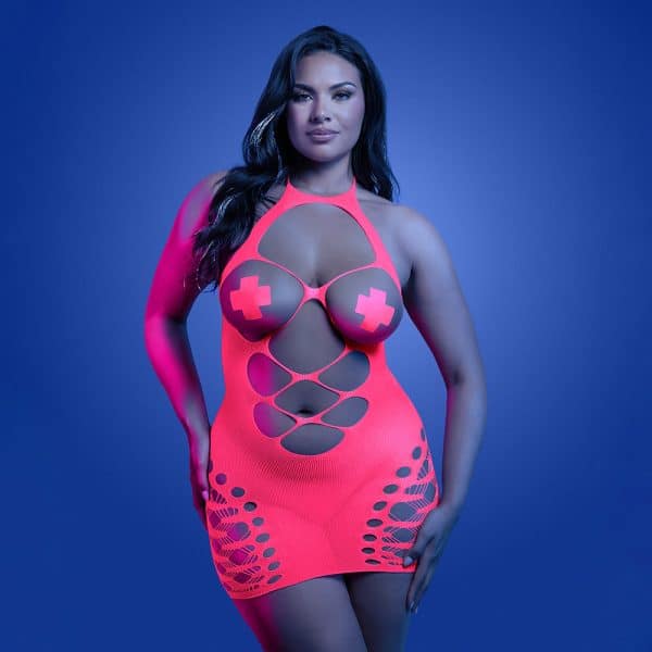 Fantasy Lingerie Glow Aphrodisiac UV Reactive Open Bodice Halter Dress & Pasties Queen Size - Image 2
