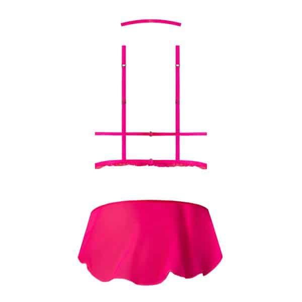 Magic Silk Pink Kink Harness Top, Open Crotch Skirt Panty & Choker Pink Glow S/M - Image 4