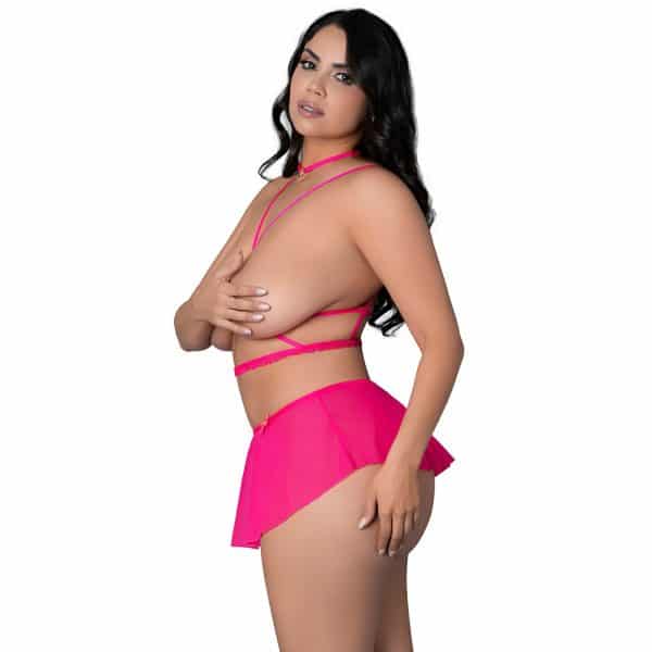 Magic Silk Pink Kink Harness Top, Open Crotch Skirt Panty & Choker Pink Glow Queen Size - Image 3