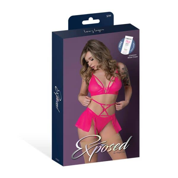 Magic Silk Pink Kink Bralette, High Leg Panty & Garter Skirt Set Pink Glow S/M - Image 6