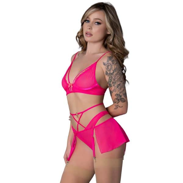 Magic Silk Pink Kink Bralette, High Leg Panty & Garter Skirt Set Pink Glow L/XL - Image 2