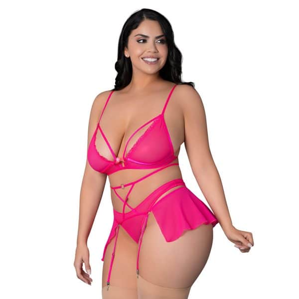 Magic Silk Pink Kink Bralette, High Leg Panty & Garter Skirt Set Pink Glow Queen Size - Image 2
