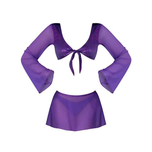 Magic Silk Glimmer LS Crop Top, Mini Skirt & Tie Side Thong Purple Disco S/M - Image 5