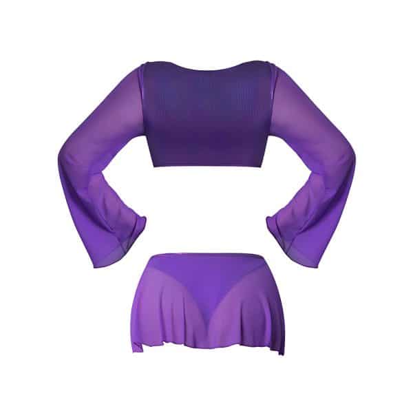 Magic Silk Glimmer LS Crop Top, Mini Skirt & Tie Side Thong Purple Disco S/M - Image 6