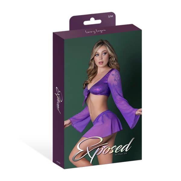 Magic Silk Glimmer LS Crop Top, Mini Skirt & Tie Side Thong Purple Disco S/M - Image 7