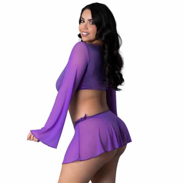 Magic Silk Glimmer LS Crop Top, Mini Skirt & Tie Side Thong Purple Disco Queen Size - Image 2