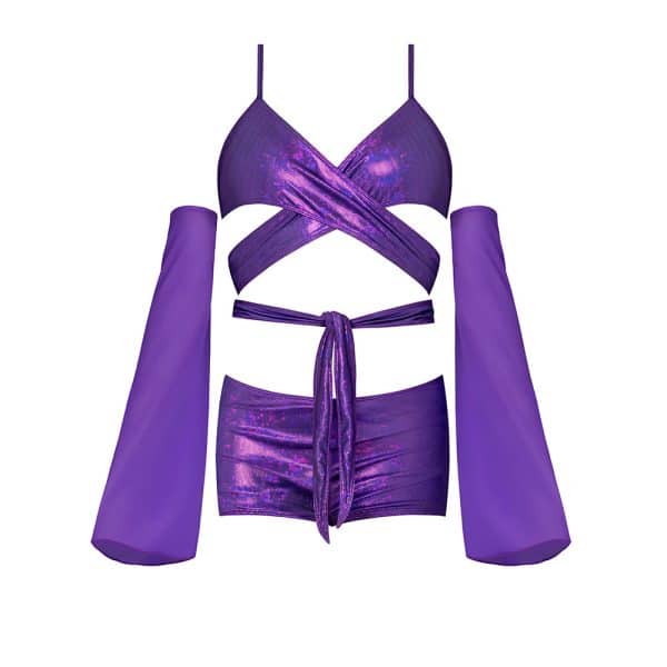 Magic Silk Glimmer Wrap Bralette, Booty Shorts & Sleeve Set Purple Disco L/XL - Image 5