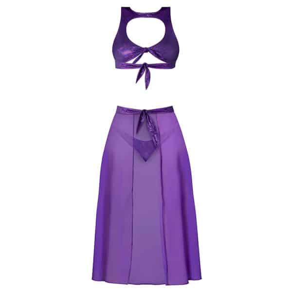Magic Silk Glimmer High Neck Crop Top, Flowy Skirt & Tanga Set Purple Disco L/XL - Image 5