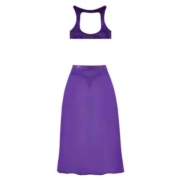 Magic Silk Glimmer High Neck Crop Top, Flowy Skirt & Tanga Set Purple Disco L/XL - Image 6