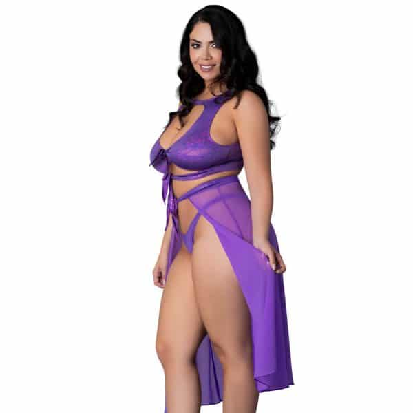 Magic Silk Glimmer High Neck Crop Top, Flowy Skirt & Tanga Set Purple Disco Queen Size - Image 2