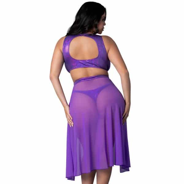 Magic Silk Glimmer High Neck Crop Top, Flowy Skirt & Tanga Set Purple Disco Queen Size - Image 4