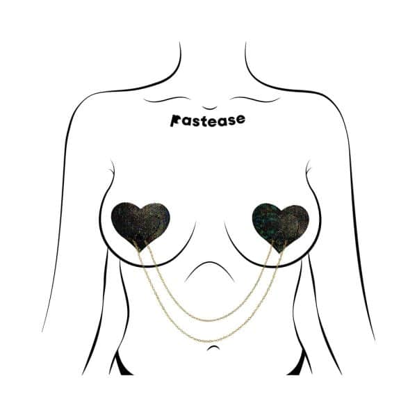 Pastease Chains: Black Shattered Disco Ball Heart with Gold Chains Pasties - Image 2