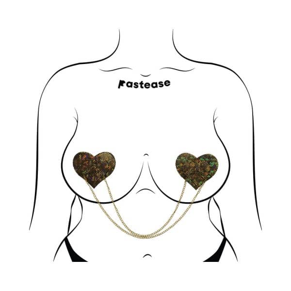 Pastease Chains: Black Shattered Disco Ball Heart with Gold Chains Pasties - Image 3