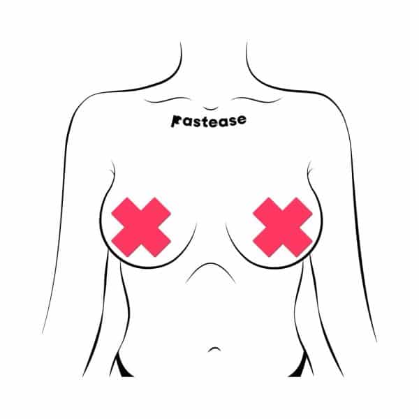Pastease Plus X: Glow-in-the-Dark Neon Pink Cross Pasties Nipple Covers - Image 2