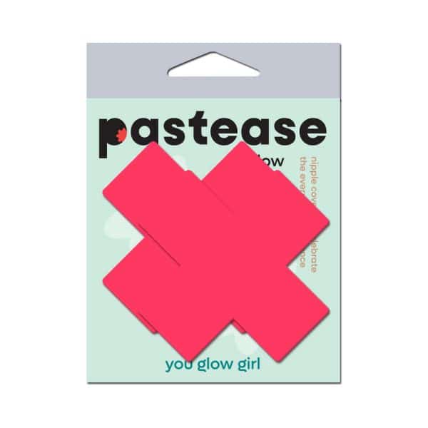 Pastease Plus X: Glow-in-the-Dark Neon Pink Cross Pasties Nipple Covers - Image 7