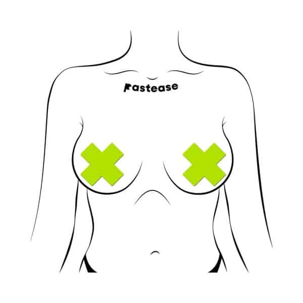 Pastease Plus X: Glow-in-the-Dark Neon Yellow Cross Pasties Nipple Covers - Image 2