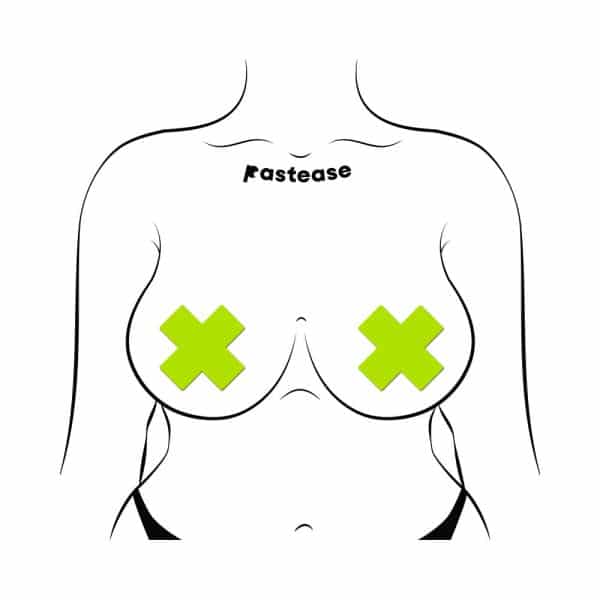 Pastease Plus X: Glow-in-the-Dark Neon Yellow Cross Pasties Nipple Covers - Image 3