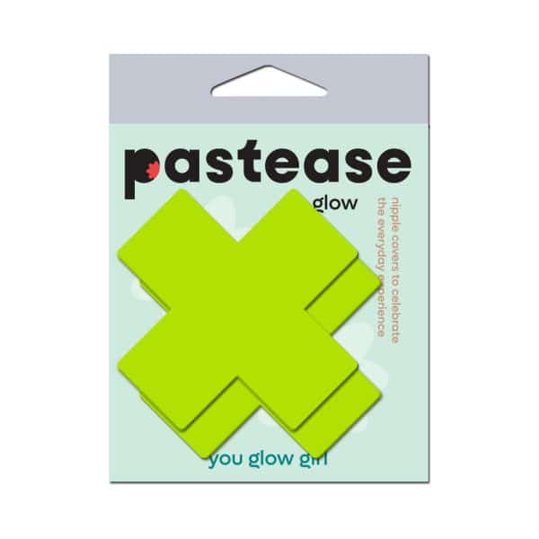 Pastease Plus X: Glow-in-the-Dark Neon Yellow Cross Pasties Nipple Covers - Image 7