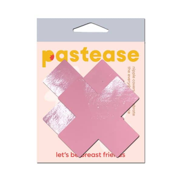 Pastease Plus X: Faux Latex Pleather Vinyl Baby Pink Cross Pasties - Image 5