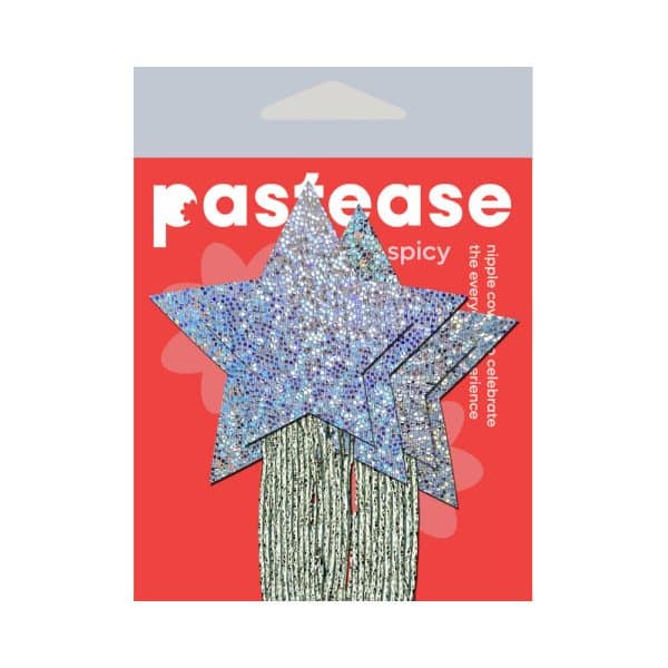 Pastease Star: Tassel Pasties: Silver Glitter Star with Fringe Pasties - Image 4