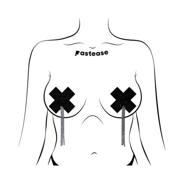 Pastease Tassel Pasties: Black Sparkle Plus X with Long Rhinestone Tassel - Image 2