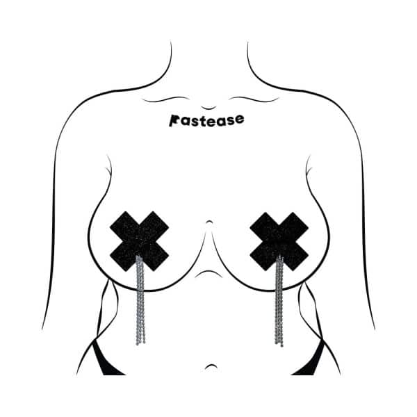 Pastease Tassel Pasties: Black Sparkle Plus X with Long Rhinestone Tassel - Image 3