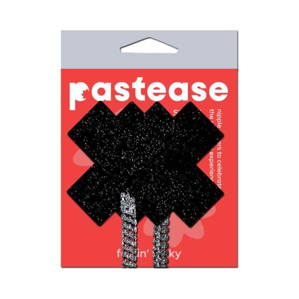 Pastease Tassel Pasties: Black Sparkle Plus X with Long Rhinestone Tassel - Image 4