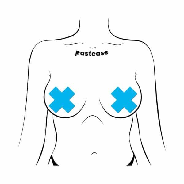 Pastease Plus X: Glow-in-the-Dark Neon Turquoise Cross Pasties Nipple Covers - Image 2