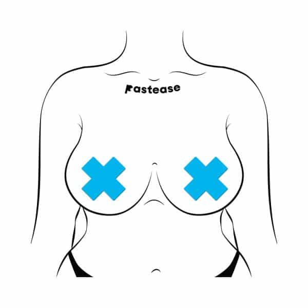 Pastease Plus X: Glow-in-the-Dark Neon Turquoise Cross Pasties Nipple Covers - Image 3