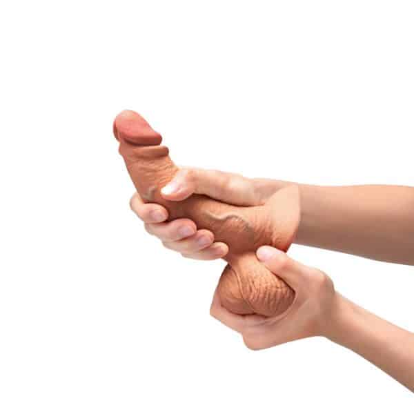 b-Vibe Slipskin Realistic Silicone Dildo 6.5 in. Curved Mocha - Image 7