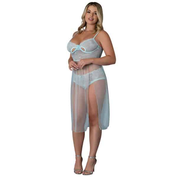Magic Silk Blue Sky Long Chemise & Boy Short Panty Blue Queen Size - Image 2