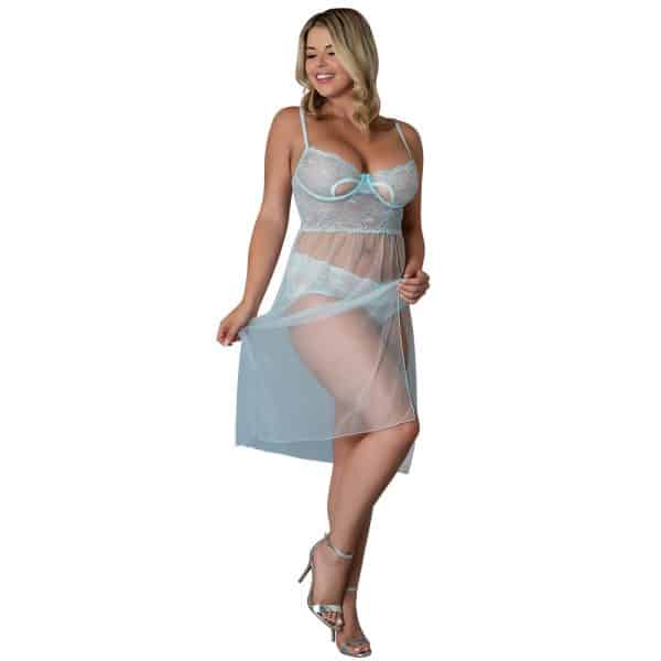 Magic Silk Blue Sky Long Chemise & Boy Short Panty Blue Queen Size - Image 3