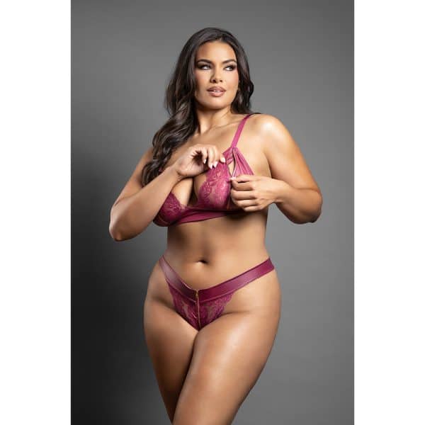 Fantasy Lingerie Domina Bralette & Panty with Zipper Details Berry Queen Size - Image 3