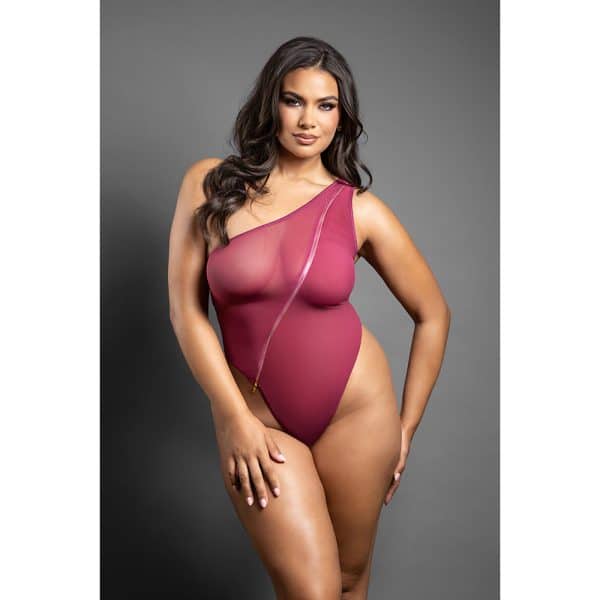 Fantasy Lingerie Domina Crotchless One-Shoulder Teddy with Asymmetrical Front Zipper Berry Queen Size - Image 2