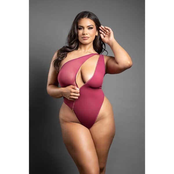 Fantasy Lingerie Domina Crotchless One-Shoulder Teddy with Asymmetrical Front Zipper Berry Queen Size - Image 3